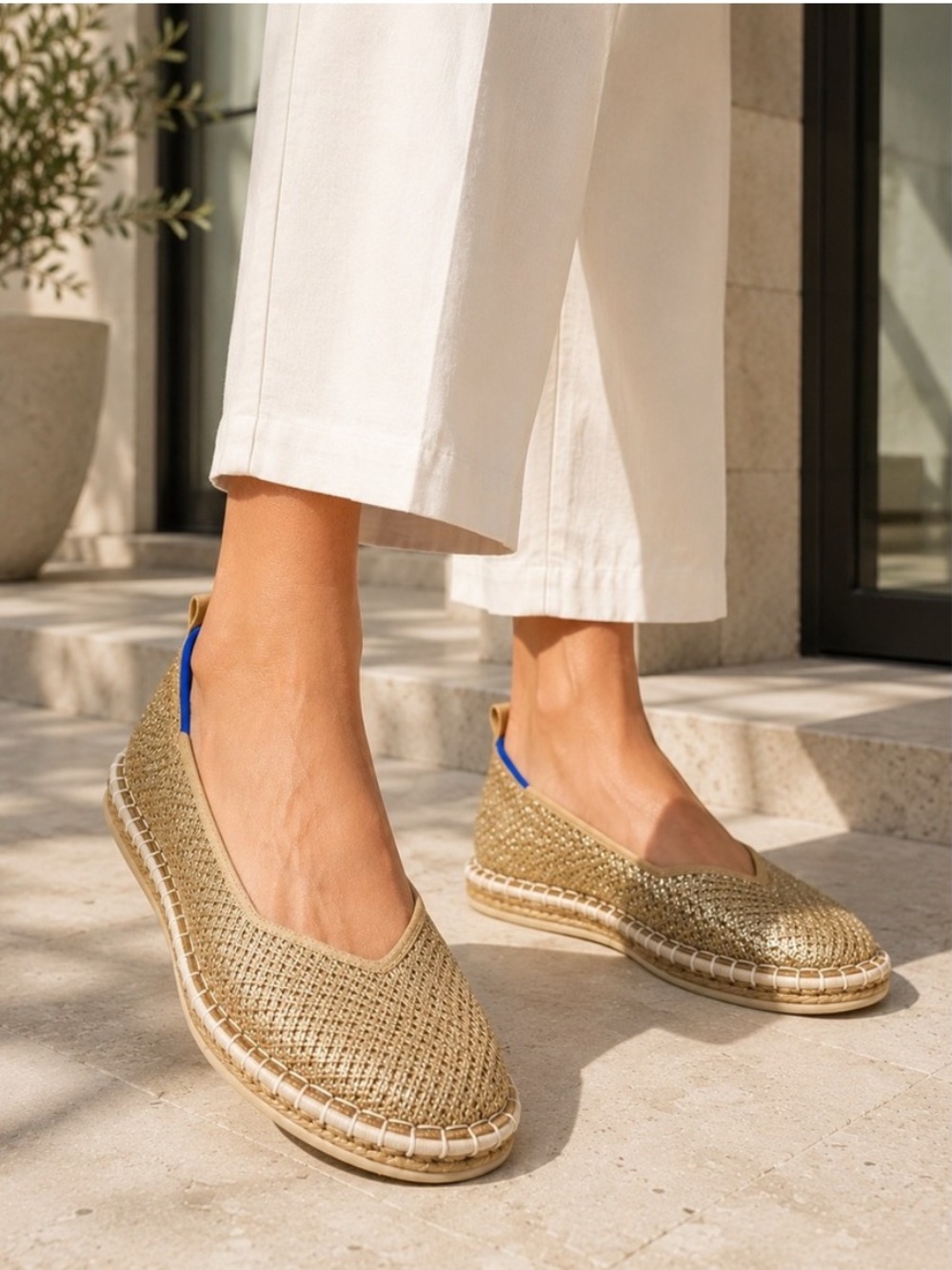 Rothy’s “THE ESPADRILLE” in Gold Stripe Womens Size 9.5M 186-008 New Without Box